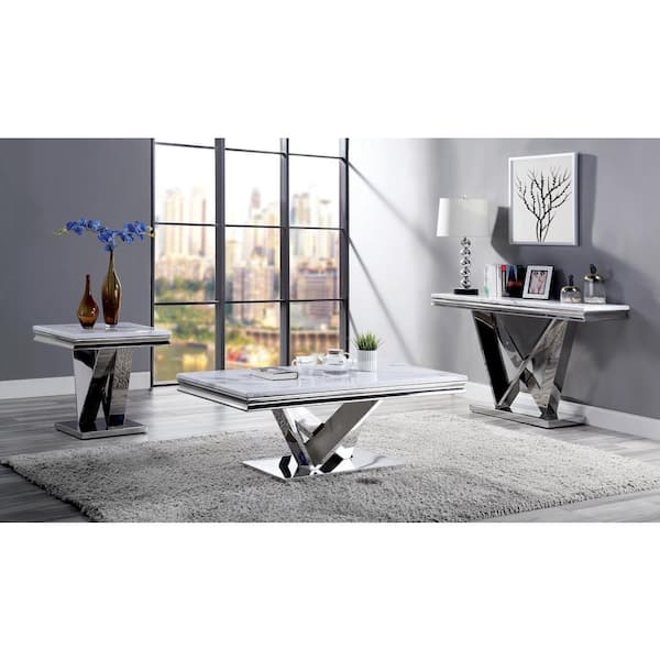 Castlehawk 55 in. Chrome Rectangle Faux Marble Console Table