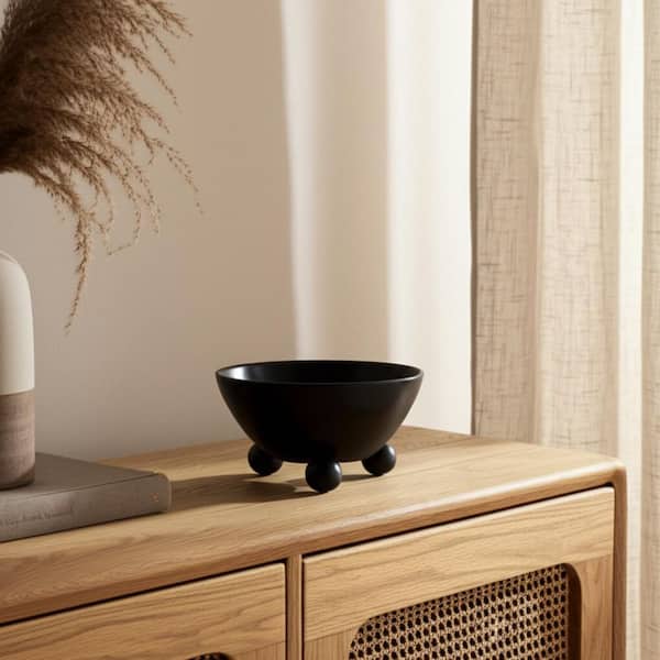 Black 12 in. x 6 in. Round Wood Decorative Bowl with Rounded Feet Design