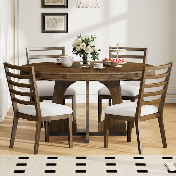 Elvorn Country 5 Piece Round Walnut Finish MDF Top Extendable Dining Table Set with Linen Upholstered Chairs, Seats 4