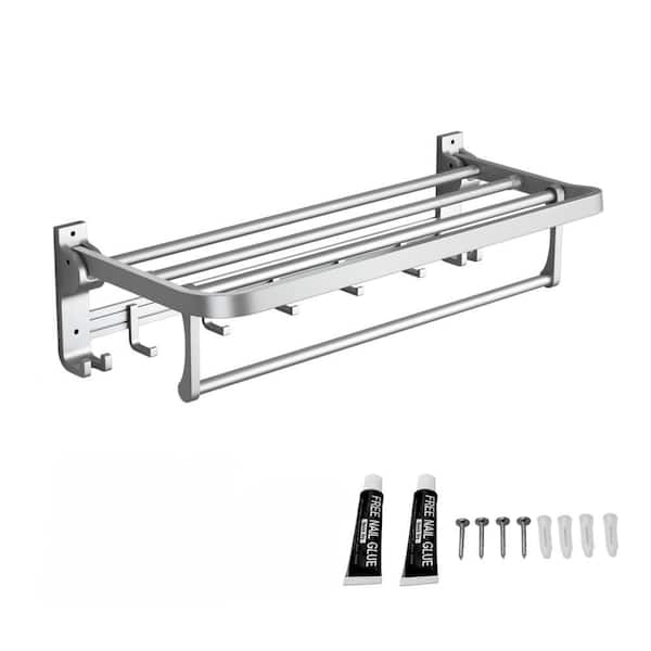 24 in. Silver Wall Mounted Towel Rack with Towel Bar Holder and Movable Hooks for Bathroom, Lavatory