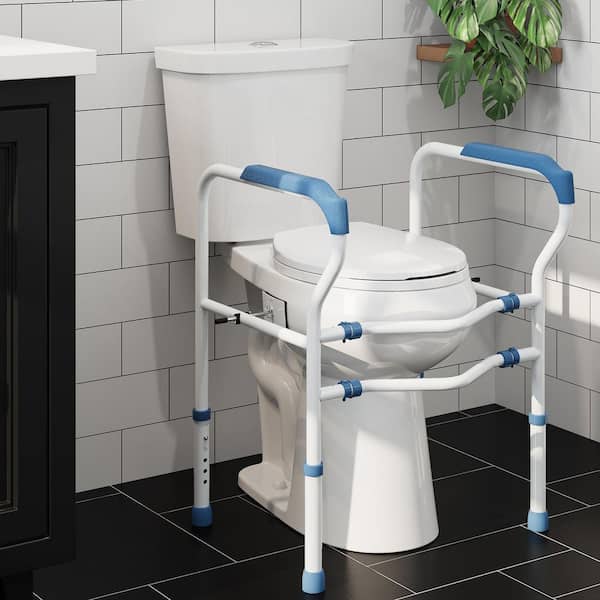 21 in. Extra Tall 2-Piece 1.1/1.6 GPF Dual Flush Round Toilet in White Seat Included with Toilet Safety Rail