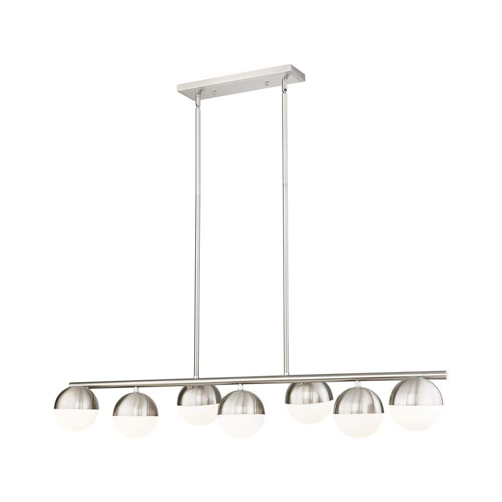 Realm Sphere 7 Light Brushed Nickel Linear Chandelier with Matte Opal Glass