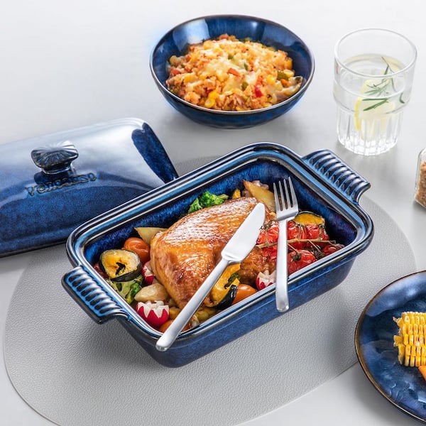 Starry 12.2 in. x 7.3 in. Ceramic Covered Casserole Dish with Blue, 1.9 qt. Deep Lasagna Pan Bakeware