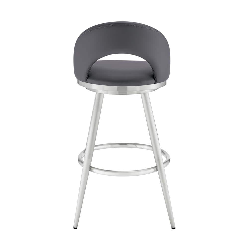 Gray Faux Leather Swivel Bar Stool with Brushed Stainless Steel Frame
