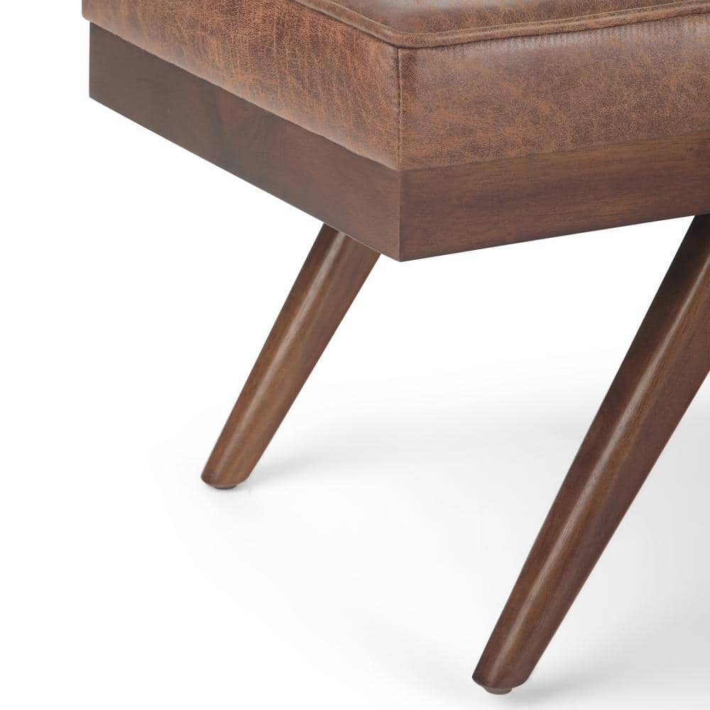 Pierce Distressed Umber Brown Faux Leather Tufted Mid-Century Ottoman Bench