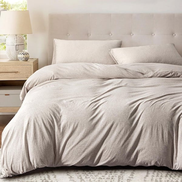 Comfy 3-Piece Oatmeal Jersey Knit T-Shirt Cotton Queen Size Duvet Cover Set Breathable Zipper Closure 100% Cotton