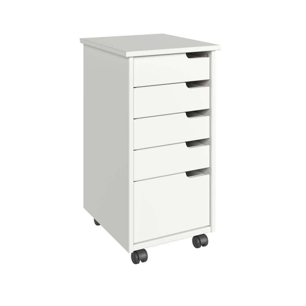 White Solid Wood 5-Drawer Rolling Storage Cart