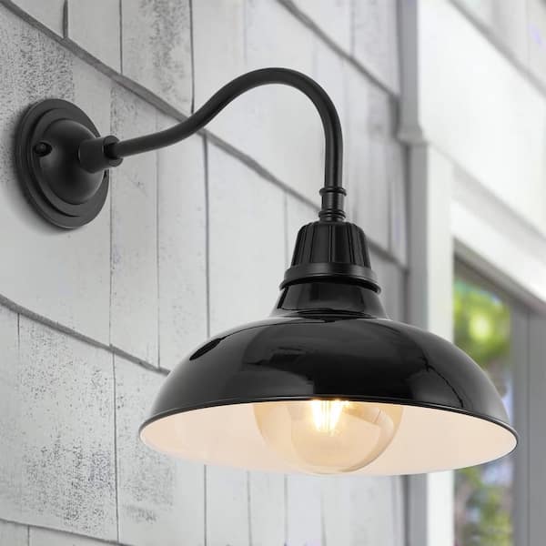 JONATHAN Y Aurora 12.25 in. Black 1-Light Farmhouse Industrial Indoor/Outdoor Iron LED Gooseneck Arm Outdoor Sconce