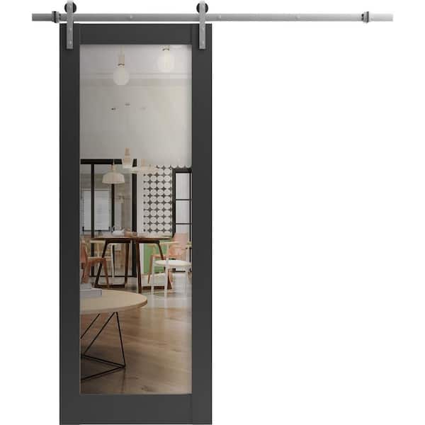 42 in. x 84 in. 1 Panel Clear Glass Black Matte Solid Wood Sliding Barn Door with Hardware Kit