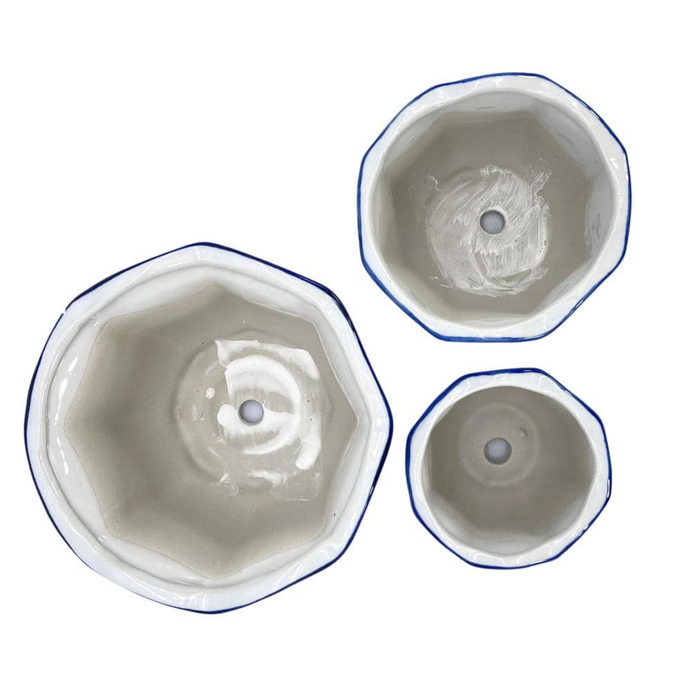 Set of 3 Blue and White Ceramic Floral Planter Pots