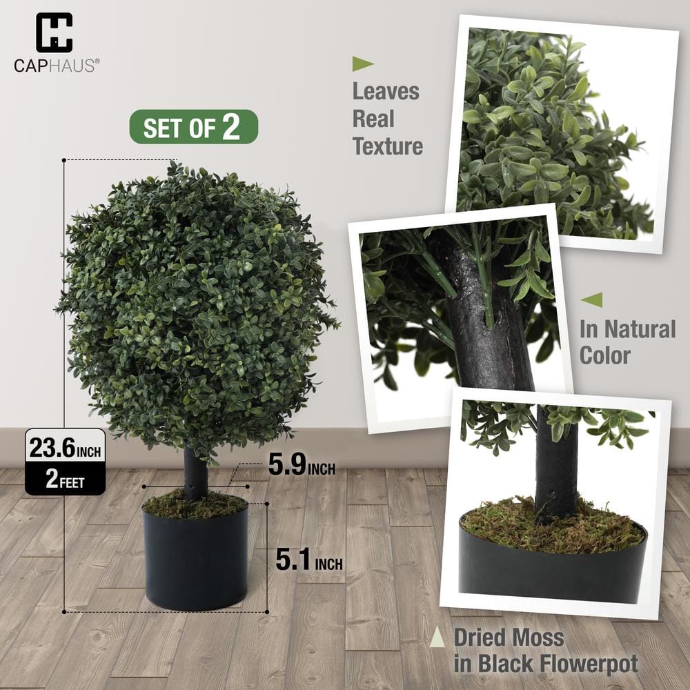 Set of 2 Green Artificial Boxwood Topiary Trees in Black Pots