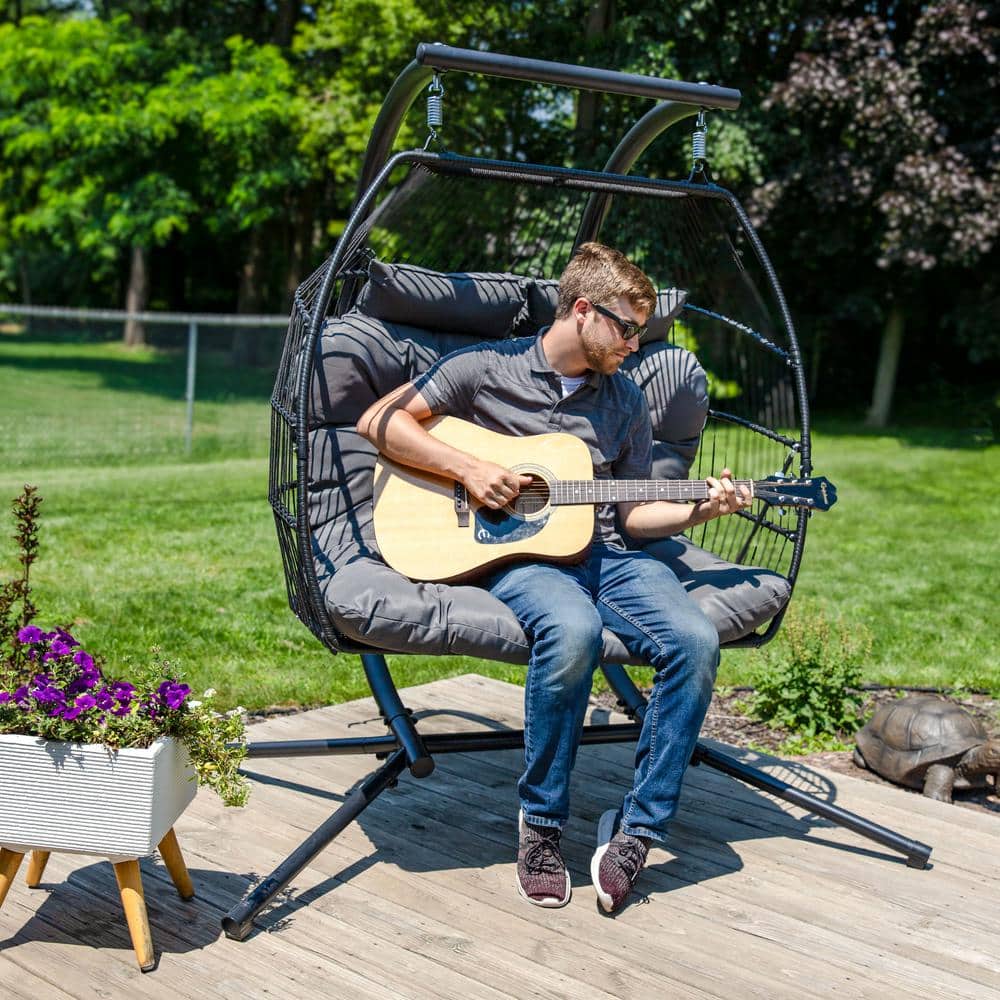 Dark Gray Polyrattan Double Hanging Egg Chair with Cushions
