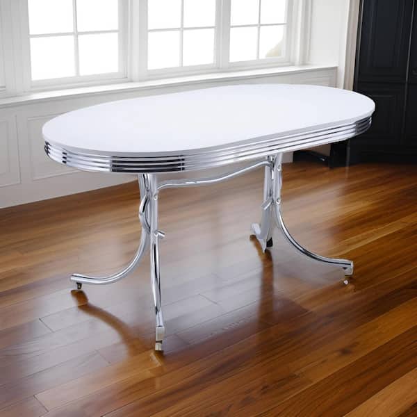 Benjara 60 in. White and Chrome Wood Top Trestle Dining Table Seating ...