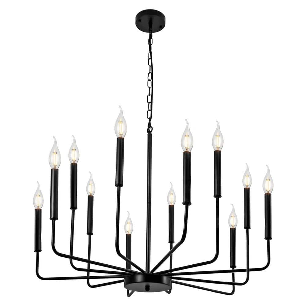 Farmhouse 12-Lights Matte Black Candle Chandeliers