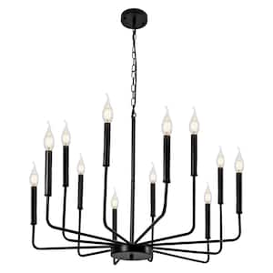 Farmhouse 12-Lights Matte Black Candle Chandeliers, Traditional Dining Room Pendant Light Fixture