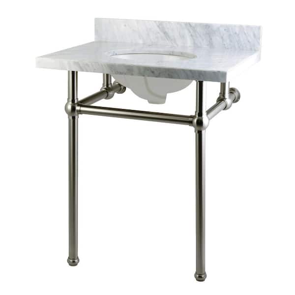 Kingston Brass Washstand 30 in. Console Table in Carrara White with Metal Legs in Brushed Nickel