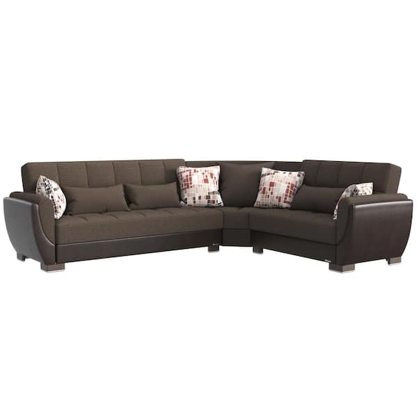 Ottomanson Basics Air Collection 3-Piece 108.7 in. Polyester Convertible Sofa Bed Sectional 6-Seater With Storage, Brown/Dark Brown