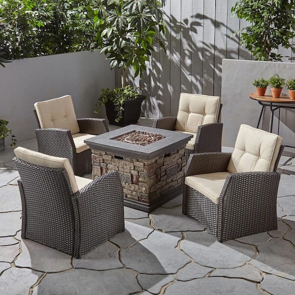 Noble House St. Marta Dark Brown 5-Piece Faux Rattan Patio Fire Pit ...