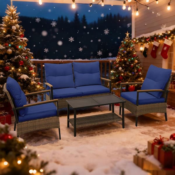 EAGLE PEAK 4-Piece Wicker Patio Conversation Set with Blue Cushions