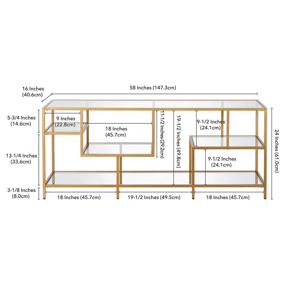 Deveraux 58" Glam Brass TV Stand with Tempered Glass Shelves
