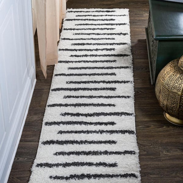 Alaro White/Black 2 ft. x 10 ft. Berber Stripe Shag Runner Rug