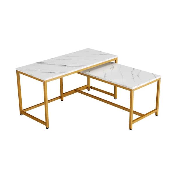 Z-joyee 35.4 in. White Rectangle MDF Faux Marble Nesting Coffee Table Set