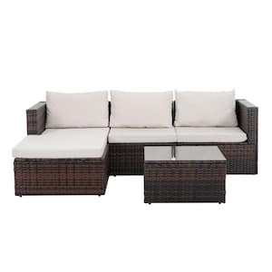 5-Piece Brown Wicker Patio Conversation Set with Beige Cushions, Tempered Glass Coffee Table