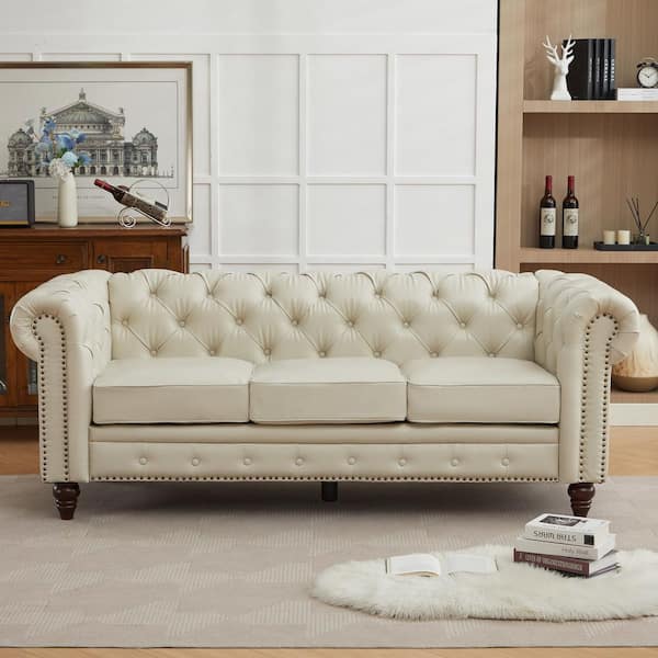 Jearey 84 in. Leather Chesterfield Sofas 3-Seater Round Arm Sofa Button Rectangle Nailhead Tufted Couch for Living Room,Beige