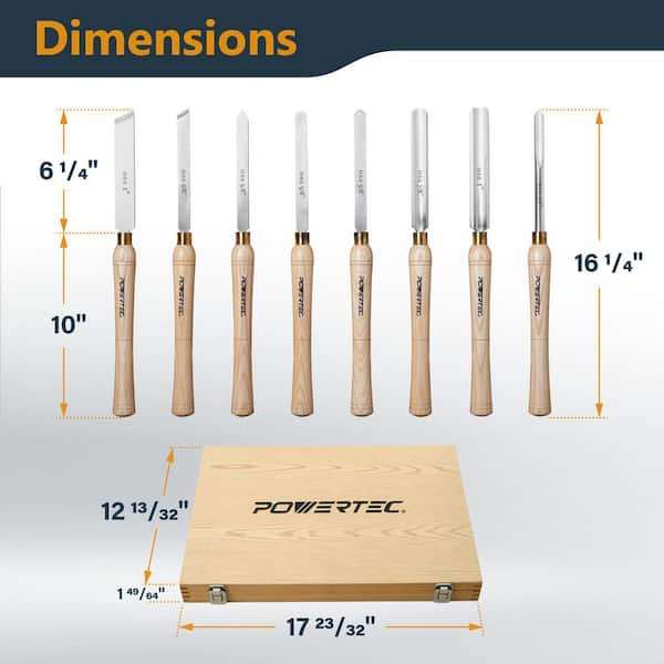 POWERTEC 8-Piece HSS Lathe Chisel Set, Wood Turning Tools with