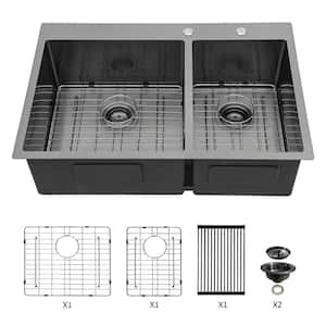 33 in. Drop-In Double Bowl 16-Gauge Gunmetal Black Stainless Steel Kitchen Sink with Bottom Grids