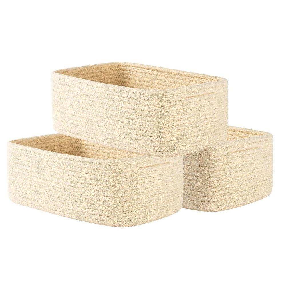CDL Hand Stitched Mini Basket ベージュ Beige 12 in. x 4.5 in. Woven Basket 3 Packs, Cotton Storage Basket