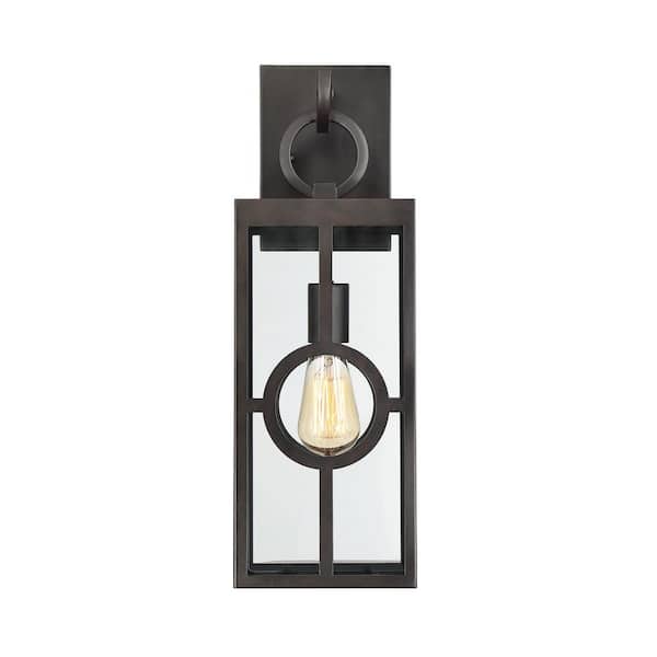 Savoy House Lauren 6.5 in. W x 19.25 in. H 1-Light English Bronze Hardwired Outdoor Wall Sconce with Clear Glass Shade
