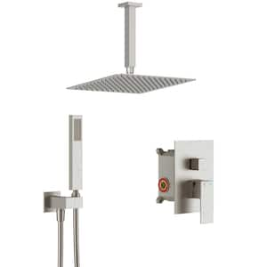 AIM 1-Spray 12 in. Square Ceiling Mount Rainfall Shower Head and Fashion Hand Shower in Brushed Nickel (Valve Included)