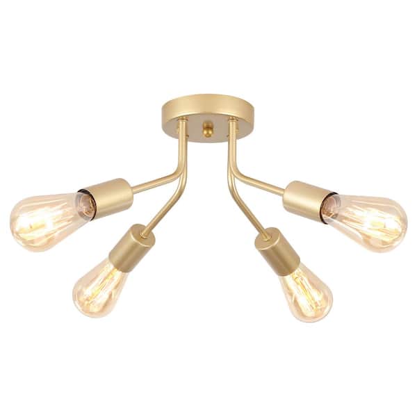 ZJVAIVE 14.76 in. 4-Light Gold Modern Linear Semi-Flush Mount for Foyer with No Bulbs Included