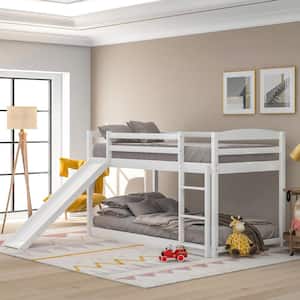 White Twin Bunk Bed Over Low with Slide and Ladder