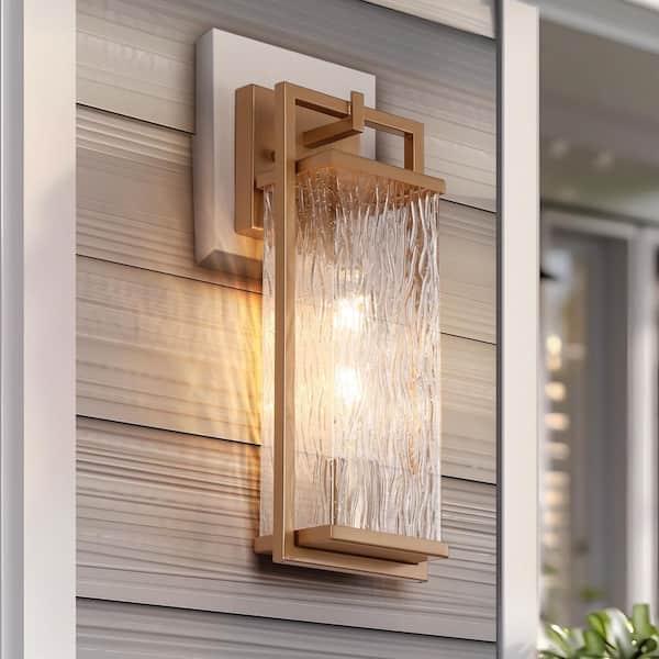 Modern Dark Gold Hardwired Wall Lantern Sconce with Textured Glass Shade and No Bulbs Included, Garden Light Porch Lamp
