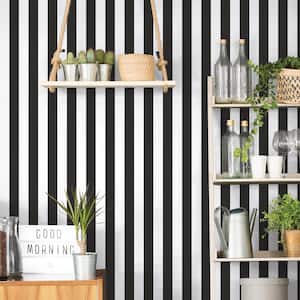 Traditional Awning Stripe Black/White Matte Finish Vinyl on Non-Woven Non-Pasted Wallpaper Roll