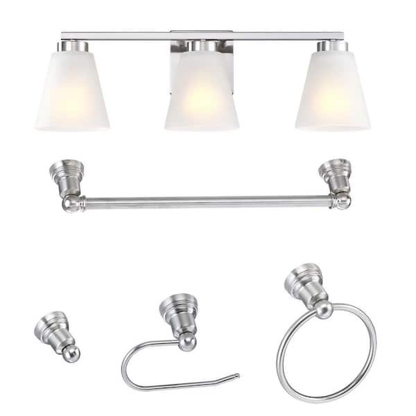 22 in. 3-Light Brushed Nickel Vanity Light with Frosted Glass Shade and Bath Set (5-Piece)