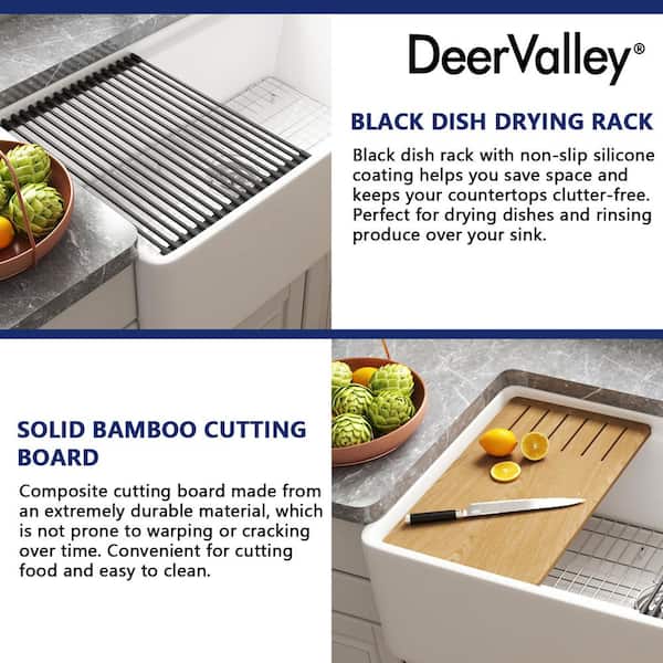 Deervalley 33 L X 20 W Double Basin Workstation Farmhouse Kitchen Sink  With Sink Grid, Cutting Board And Dish-Drying Rack & Reviews