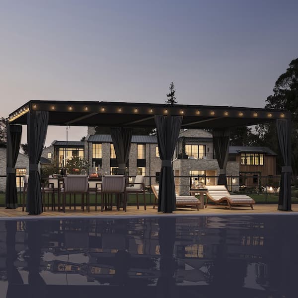 12 ft. x 20 ft. Black Steel Pergola with Adjustable Louvered Roof, Curtains and Netting for Patio