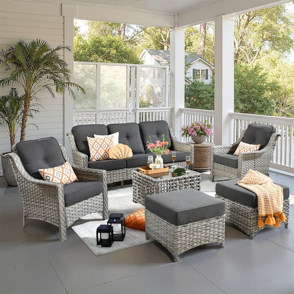 Verona Grey 6-Piece Wicker Modern Outdoor Patio Conversation Sofa Seating Set with Black Cushions