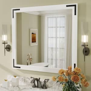 40 in. W x 36 in. H Rectangular Rustic Farmhouse Solid Wood Framed, Tempered Glass Wall Bathroom Vanity Mirror in White