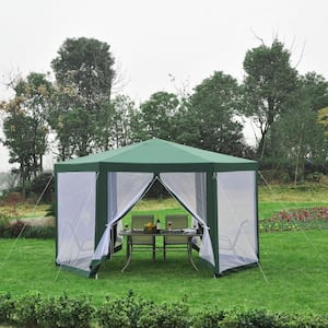 8.2 ft. Steel Frame Hexagon Sun Shade Canopy Tent with Protective Mesh Screen Walls and Proper UV Sun Protection, Green