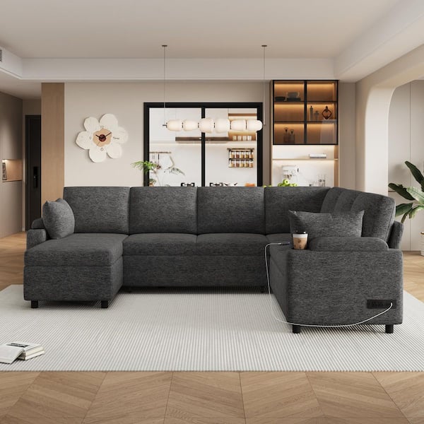 110 in. U-Shaped Chenille 5-Seat Sectional Sofa in Grey with Storage Chaise, Cup Holders and Charging Ports
