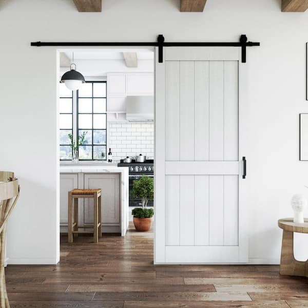 48 in. x 84 in. H-Shape, MDF and PVC Covering, White, Finished, Barn Door Slab with Barn Door Hardware