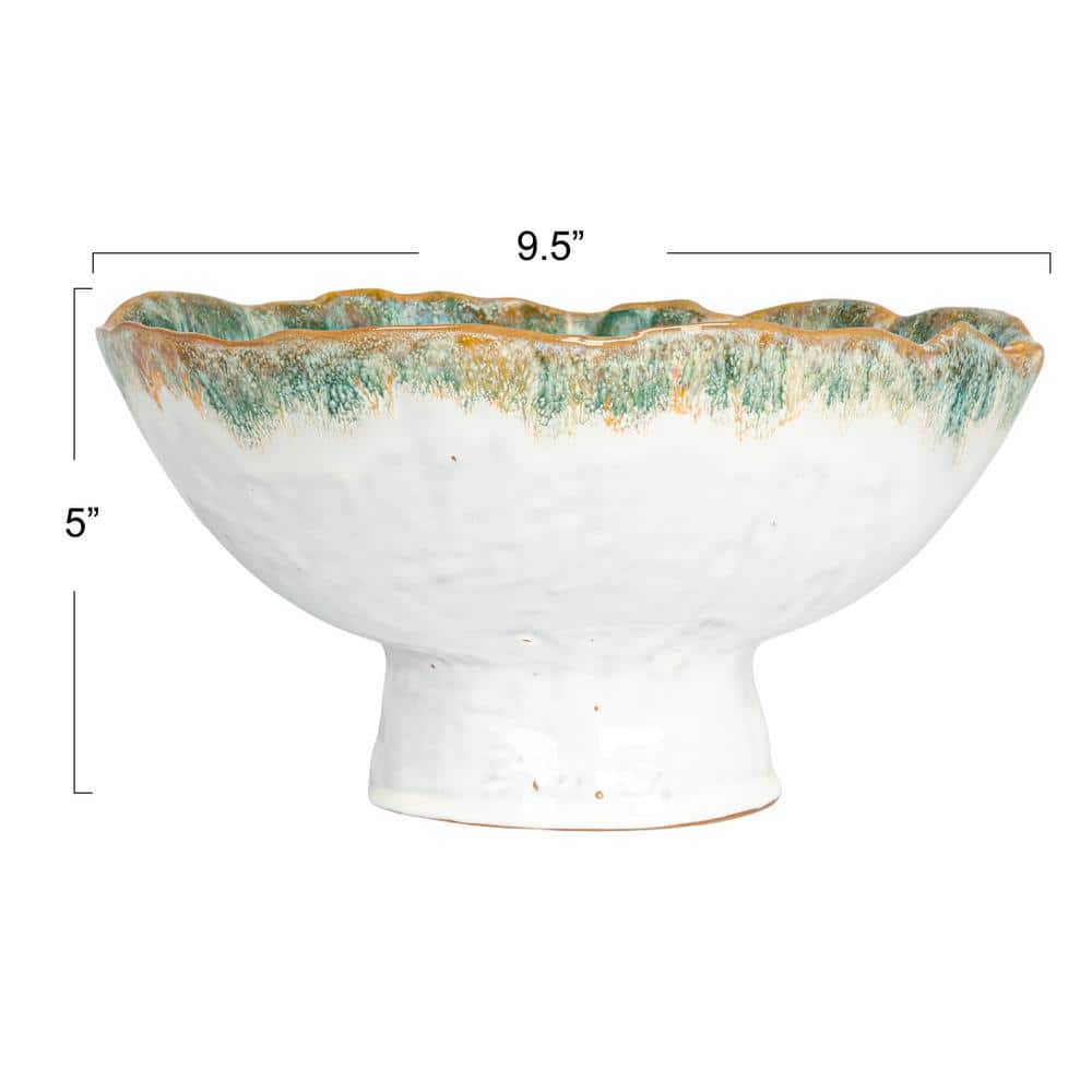 Green and Brown Stoneware Serving Bowl with Stand