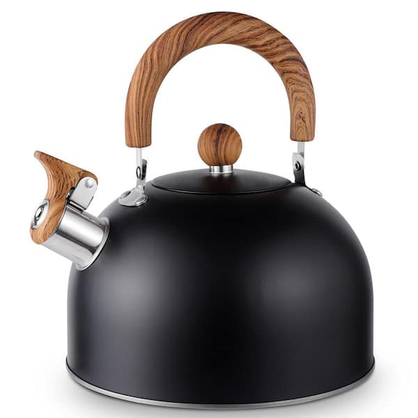 PRIMEPLUS 10 Cups 2.6 Qt. Black Stainless-Steel Tea Kettle with Wood Handle in White