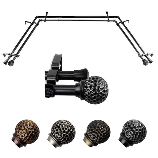 EMOH Ushasi 20-36 in. sides, 38-72 in. center Adjustable Bay Window Double Curtain Rod 13/16 in. in Black with Finial