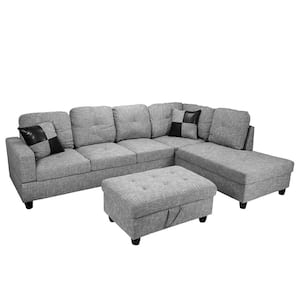 3-Piece Light Gray Linen 4-Seater L-Shaped Left-Facing Chaise Sectional Sofa with Ottoman