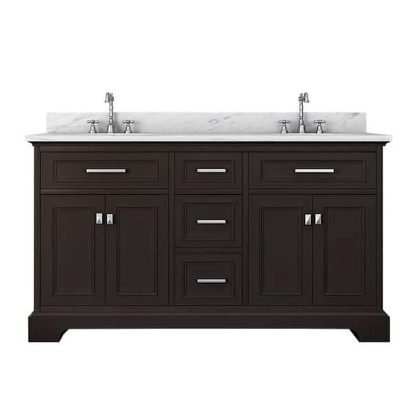 Alya Bath Yorkshire 61 in. W x 22 in. D Double Bath Vanity in Espresso with Marble Vanity Top in White with White Basin